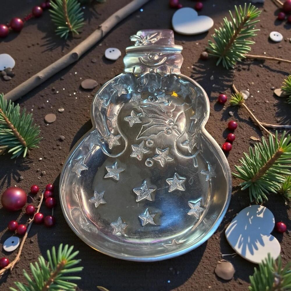 Silver Plated Snowman Shaped 12.5" Bowl with Stars Hollyberry